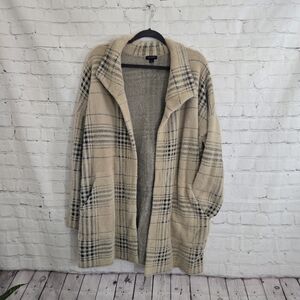 J.Jill Cardigan Sweater Sz M Long Thick Beige Nova Check Plaid Classic Preppy